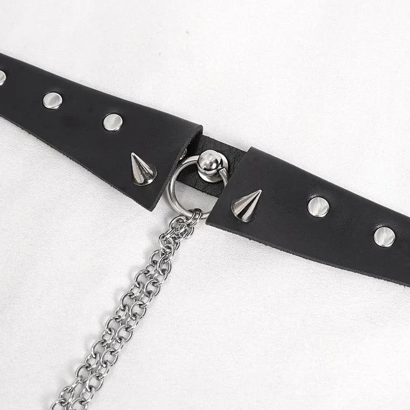 Faux Leather Studded Choker With Chain