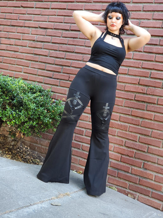 Gothic Faux Leather Detail Bell Bottoms