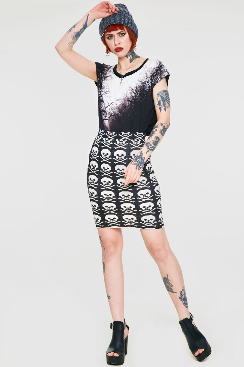 Skull Print Knit Midi Skirt
