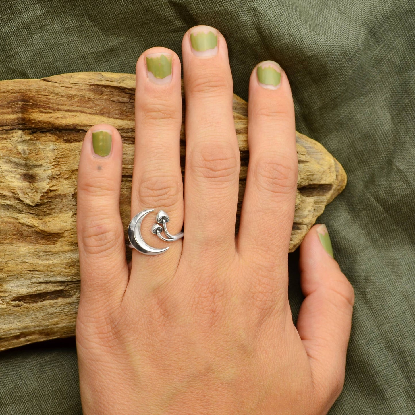 Moon and Mushroom Adjustable Ring: Sterling Silver