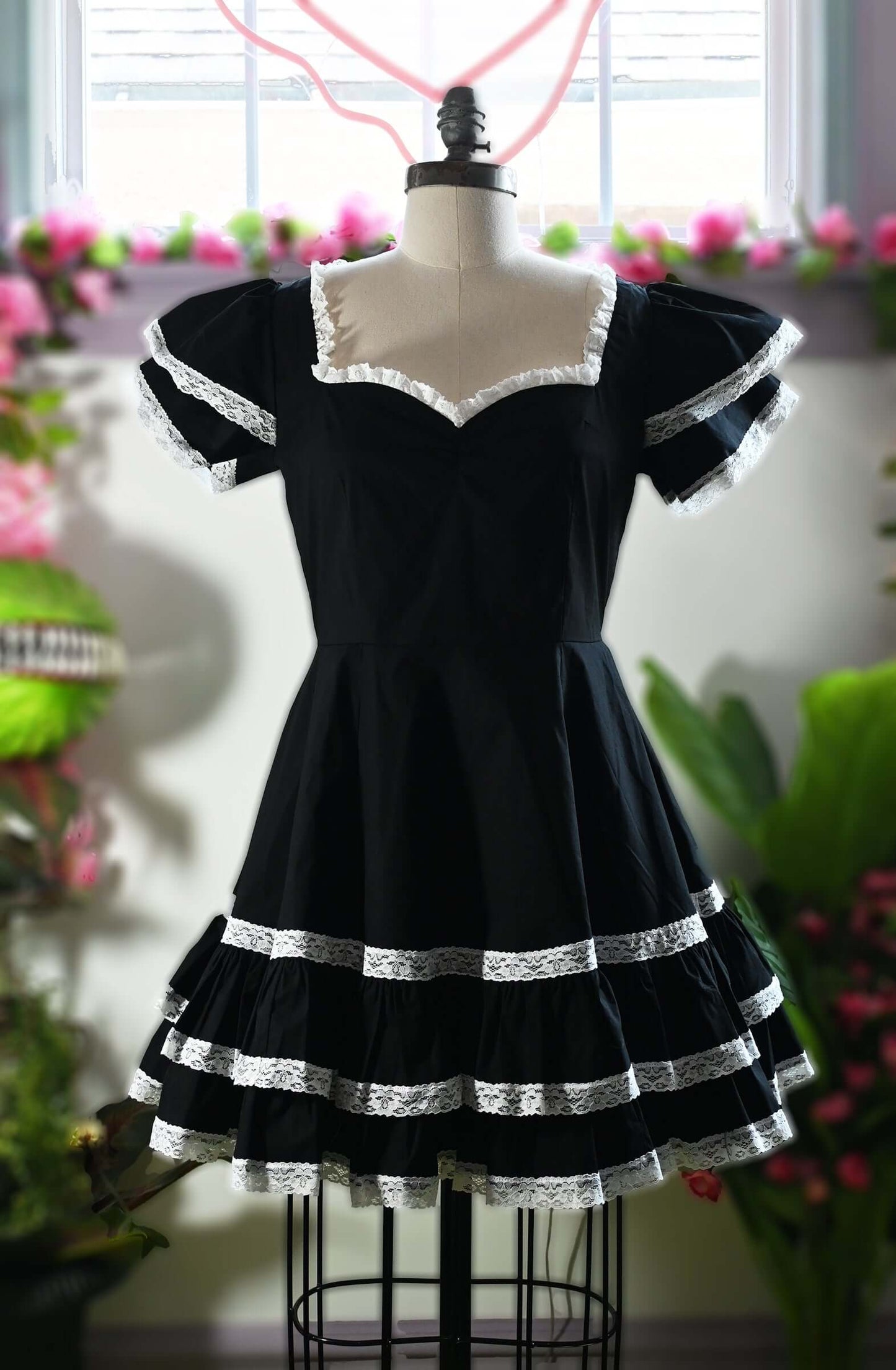 Adelaide Mini Swing dress in Black w/White Lace