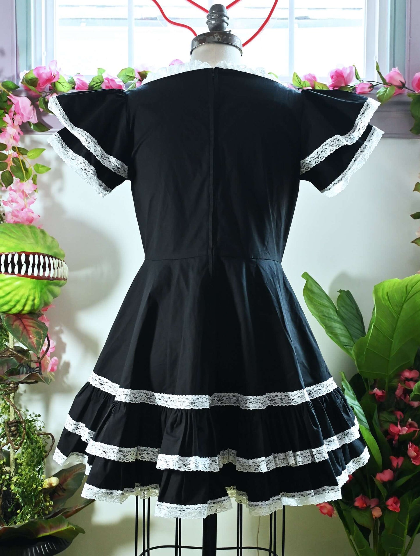 Adelaide Mini Swing dress in Black w/White Lace