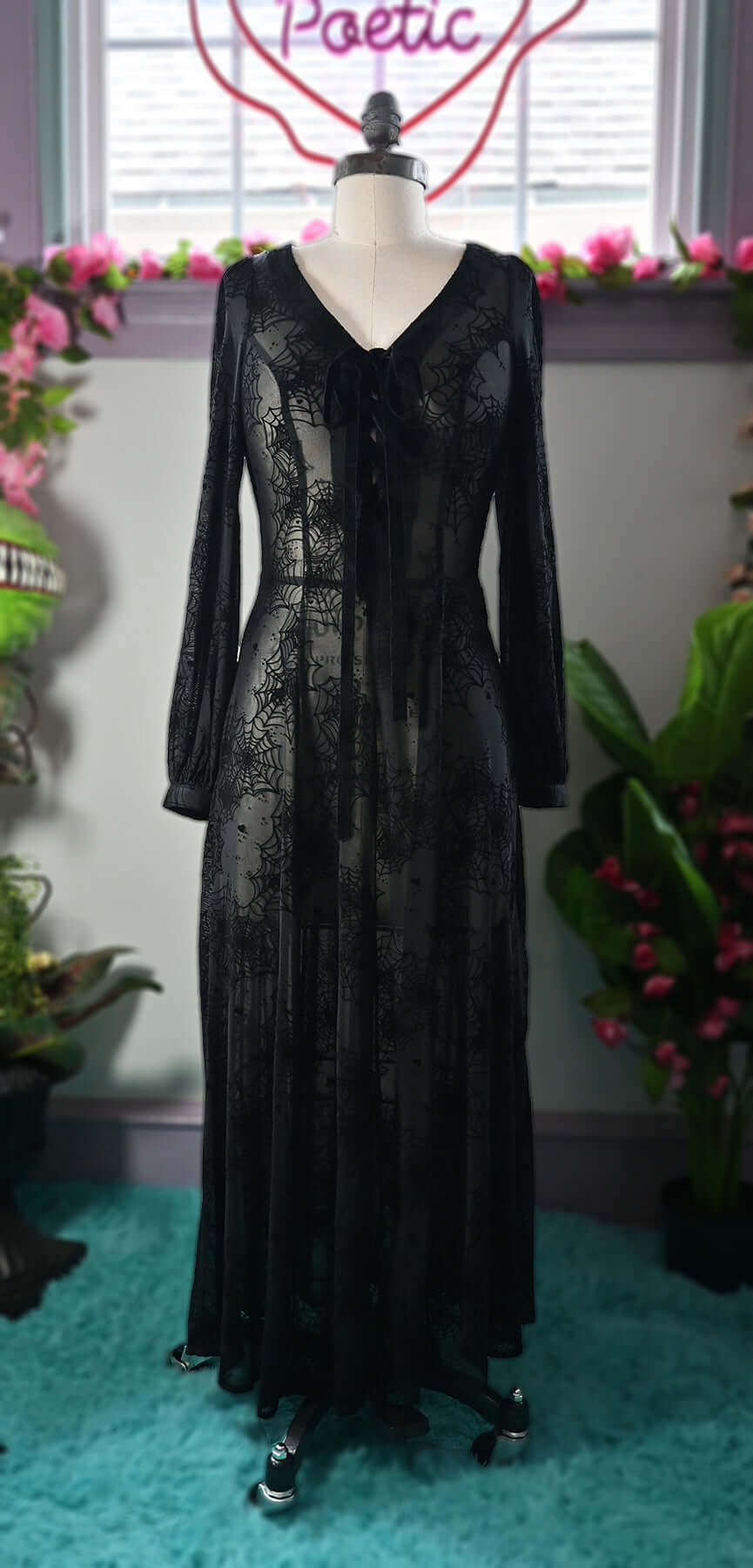 Black Penny Maxi dress with Flocked Spiderwebs