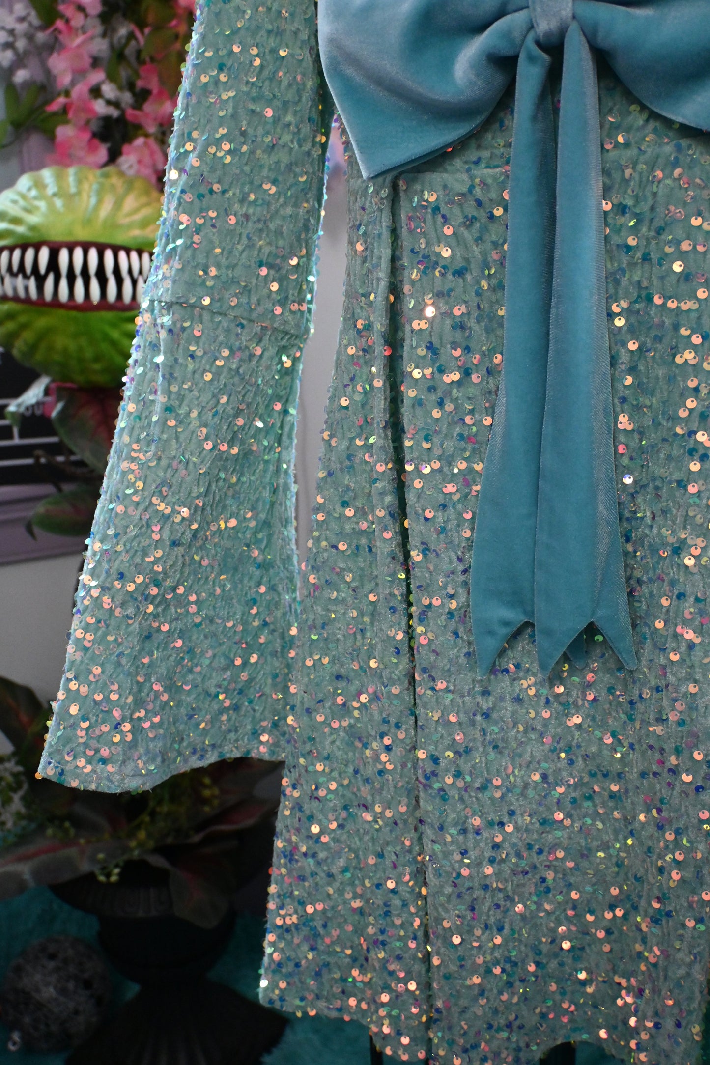 Priscilla 60's Bell Sleeve Sequin Velvet Mini Dress in Seafoam