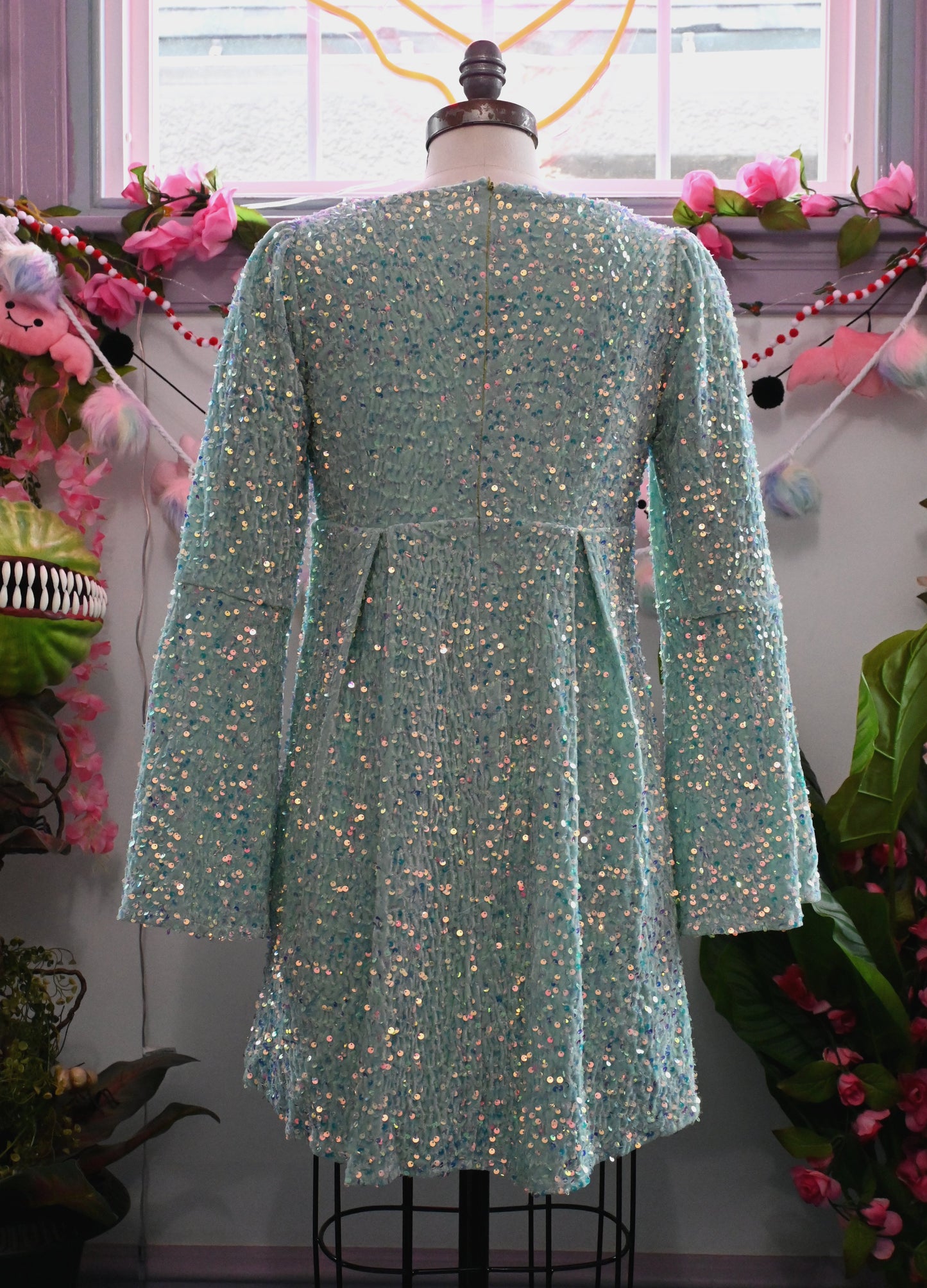 Priscilla 60's Bell Sleeve Sequin Velvet Mini Dress in Seafoam