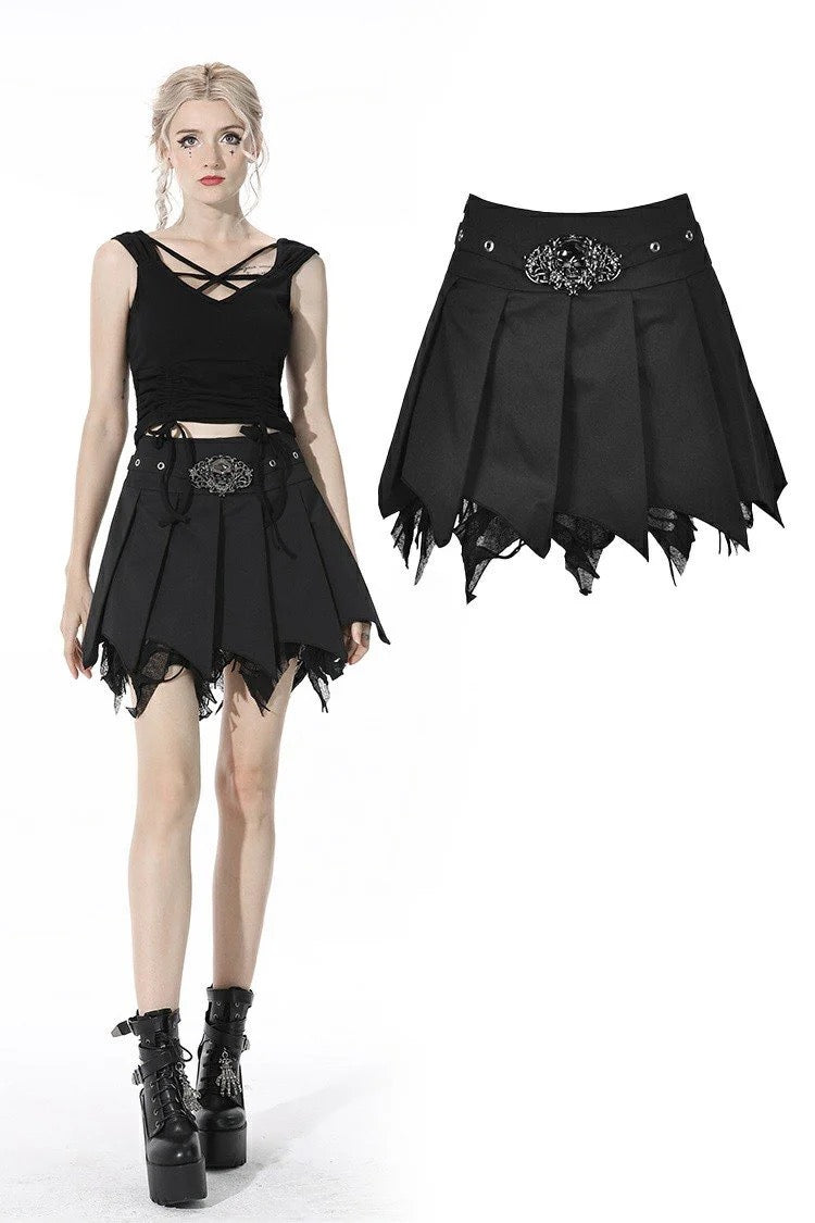 Tattered Pleated Skull Mini Skirt