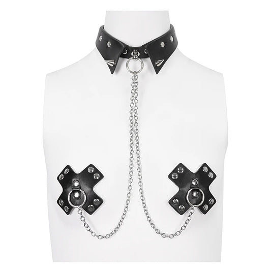 Faux Leather Studded Choker With Chain