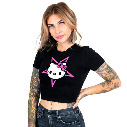 Hello Satan Kitty Crop Baby Tee