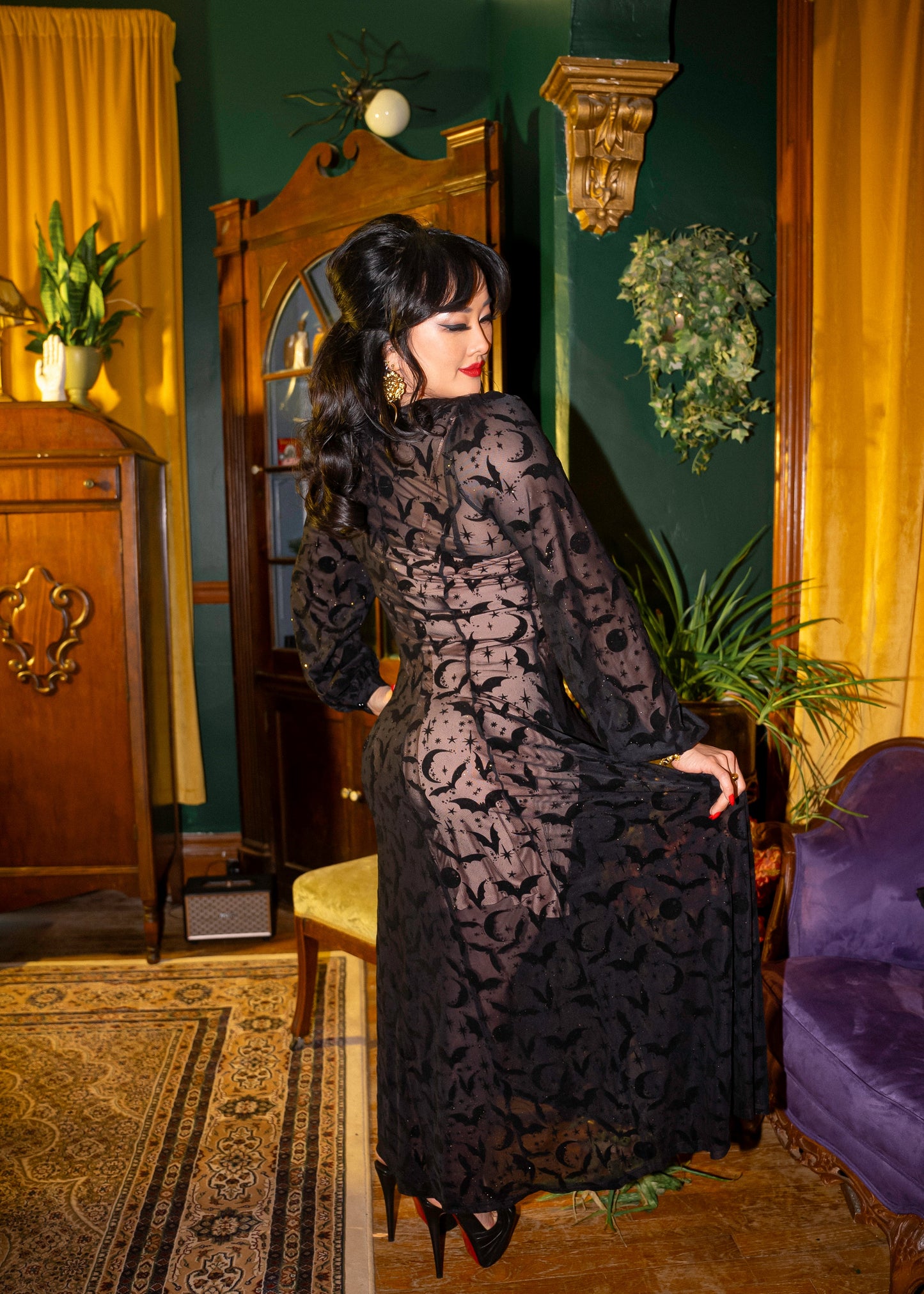 Black Penny Maxi dress with in Queen of Halloween Sparkle Flocked Mesh