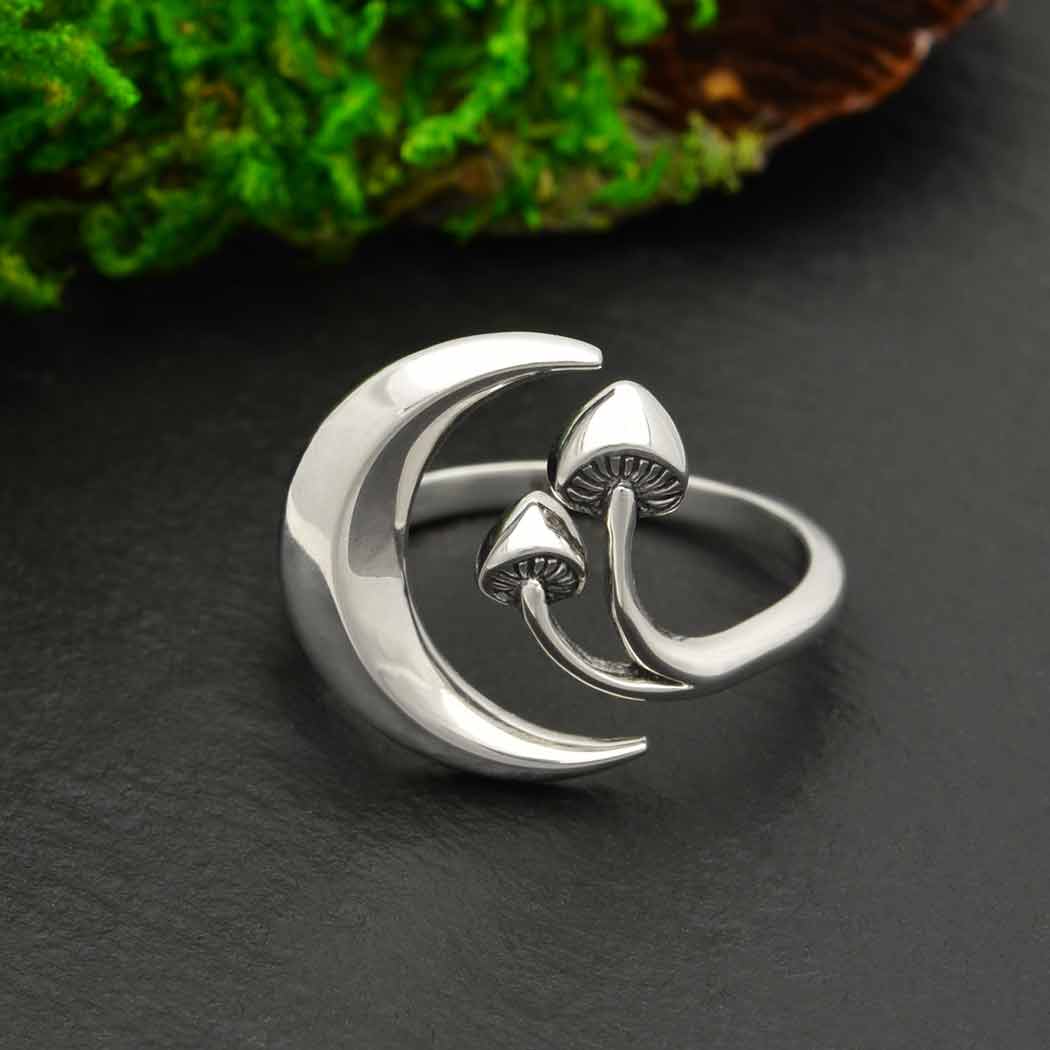 Moon and Mushroom Adjustable Ring: Sterling Silver