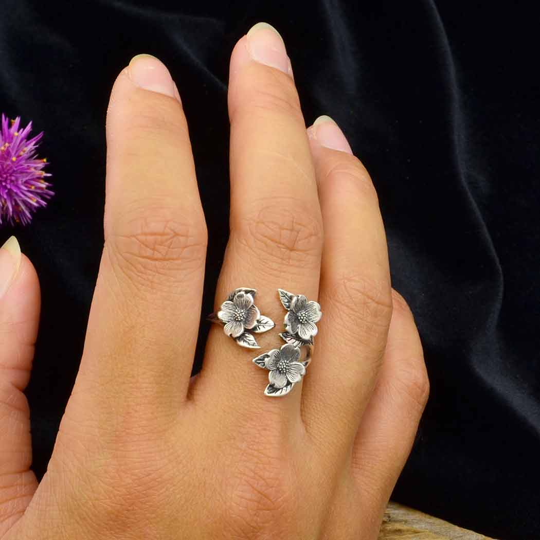 Adjustable Dogwood Flower and Leaf Ring: Sterling Silver