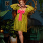 Priscilla 60's Bell Sleeve Lace Mini Dress in Chartreuse with Hot Pink Velvet Bow