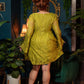 Priscilla 60's Bell Sleeve Lace Mini Dress in Chartreuse with Hot Pink Velvet Bow